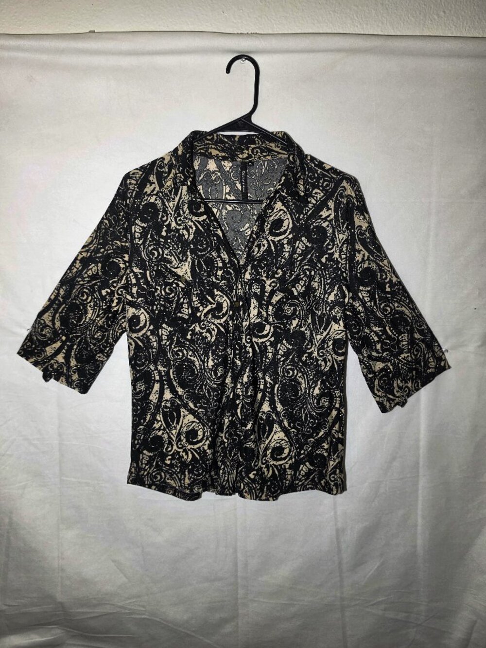PL Cathy Petite blouse PS Black metallic gold ornate swirl blouse button up